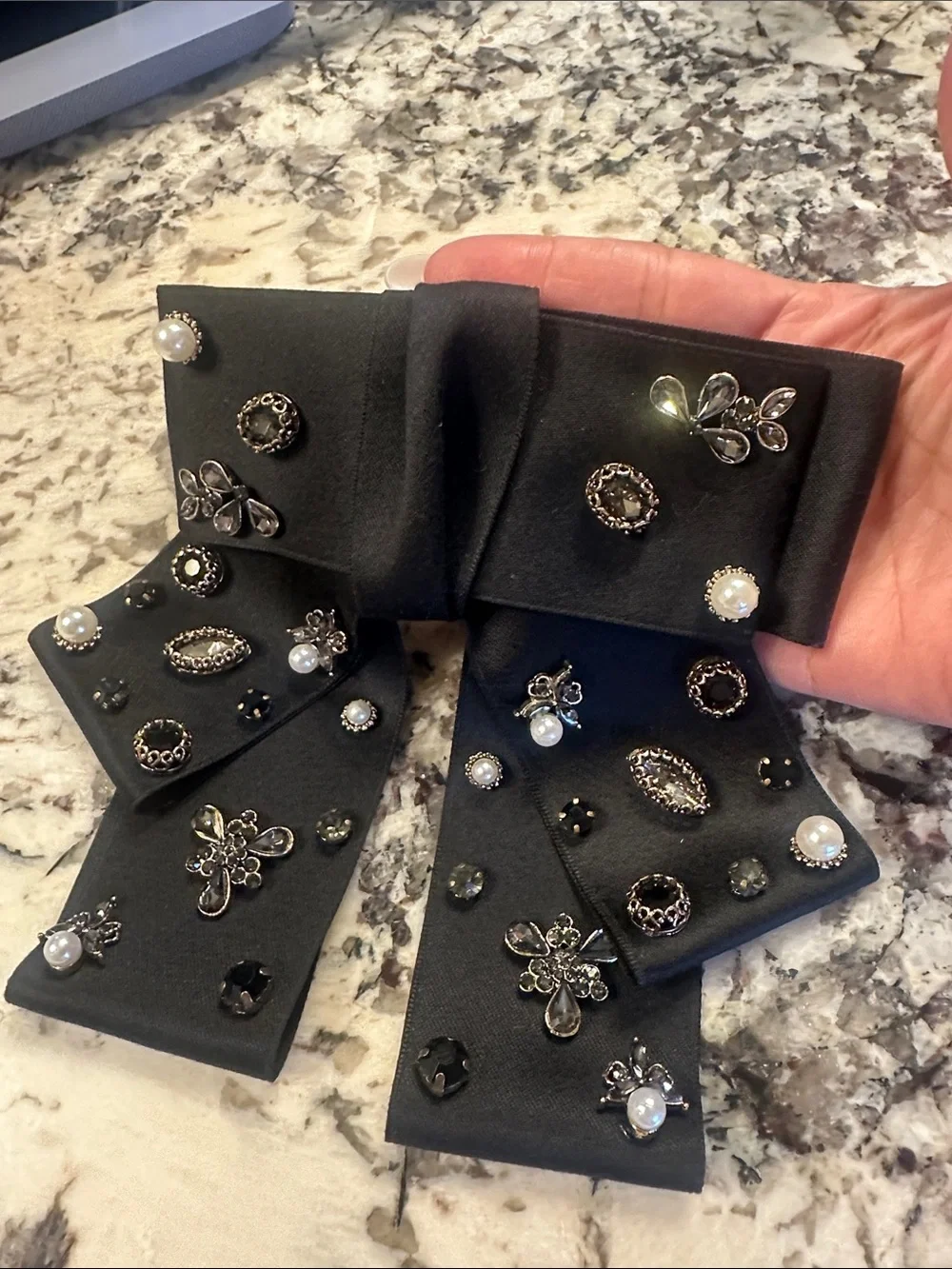 Saks Fifth Avenue Black Bow Hair Clip with Pearl & Crystal Accents